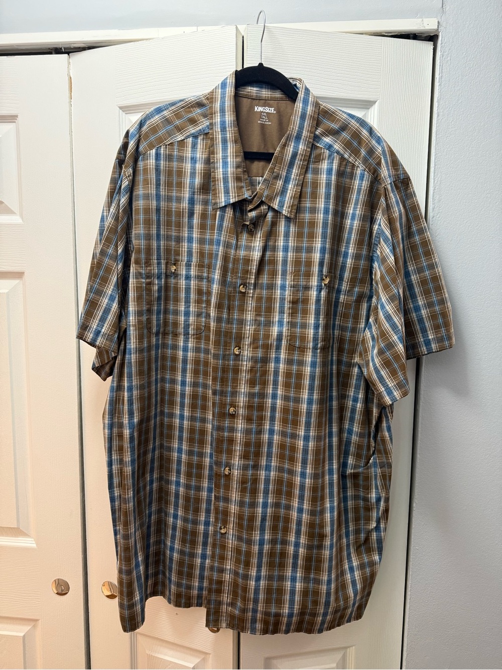 Kingsize Brown & Blue Plaid Short-Sleeve Button-Down Shirt